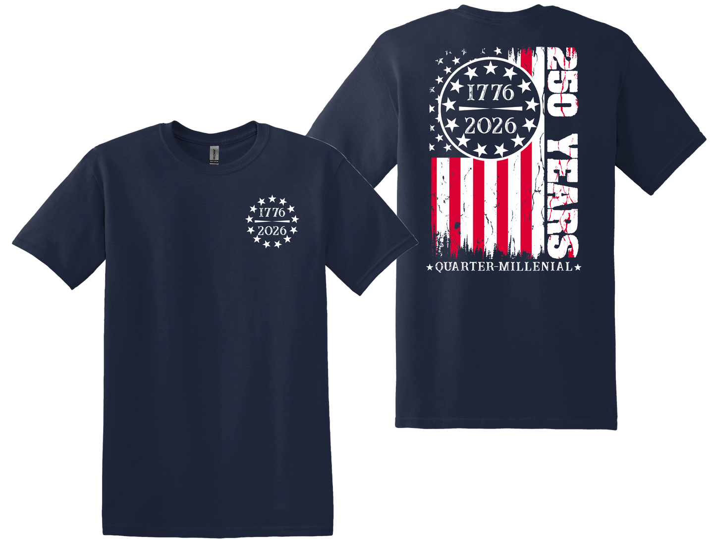 250th Flag Front/Back Design - Toddler, Youth & Adult Sizes - 10 Color Options