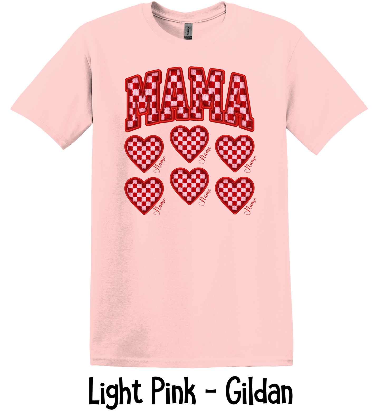 Checkered Mama with Hearts - Up to 6 Names - Light Pink Color