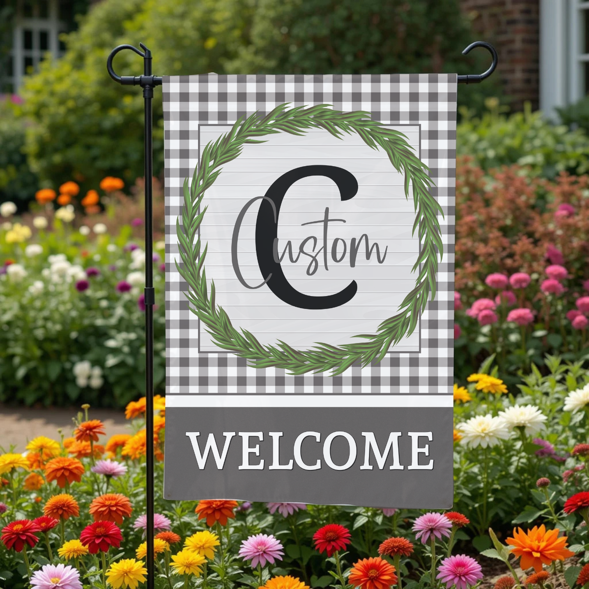 Custom Dark Grey Gingham Wreath