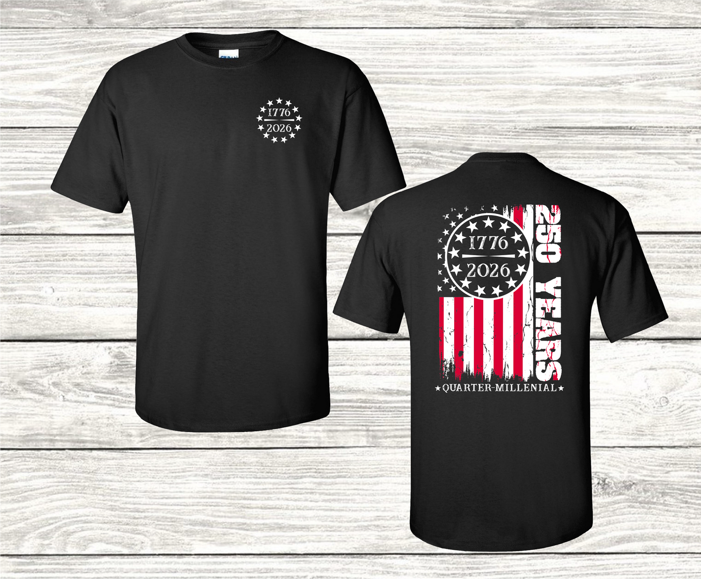 250th Flag Front/Back Design - Toddler, Youth & Adult Sizes - 10 Color Options