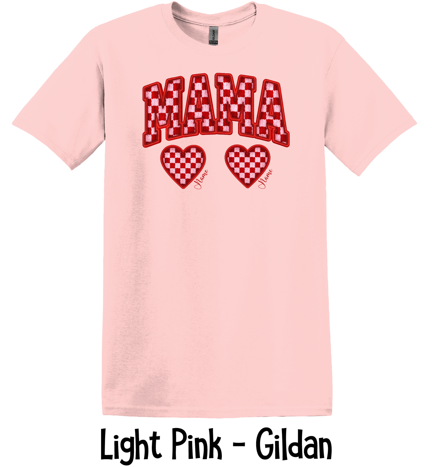 Checkered Mama with Hearts - Up to 6 Names - Light Pink Color