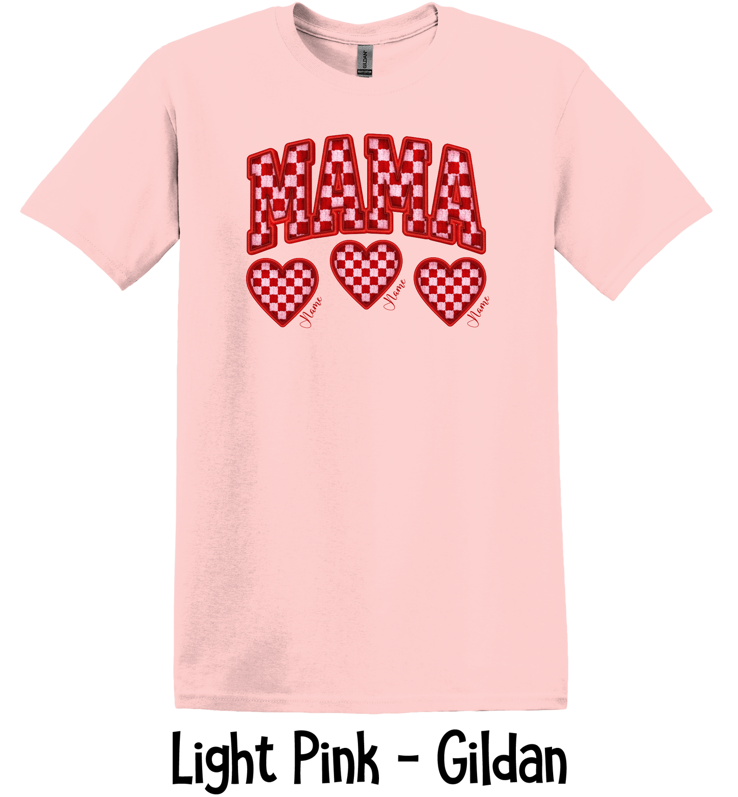 Checkered Mama with Hearts - Up to 6 Names - Light Pink Color
