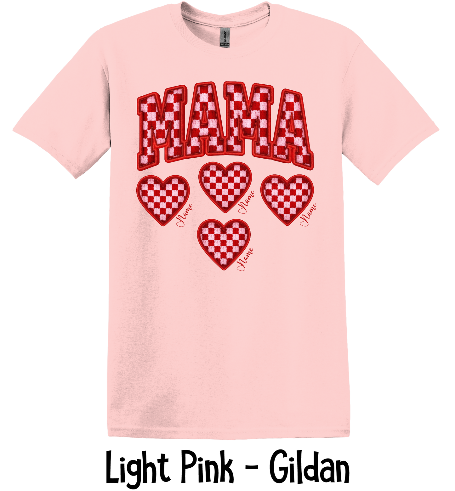 Checkered Mama with Hearts - Up to 6 Names - Light Pink Color