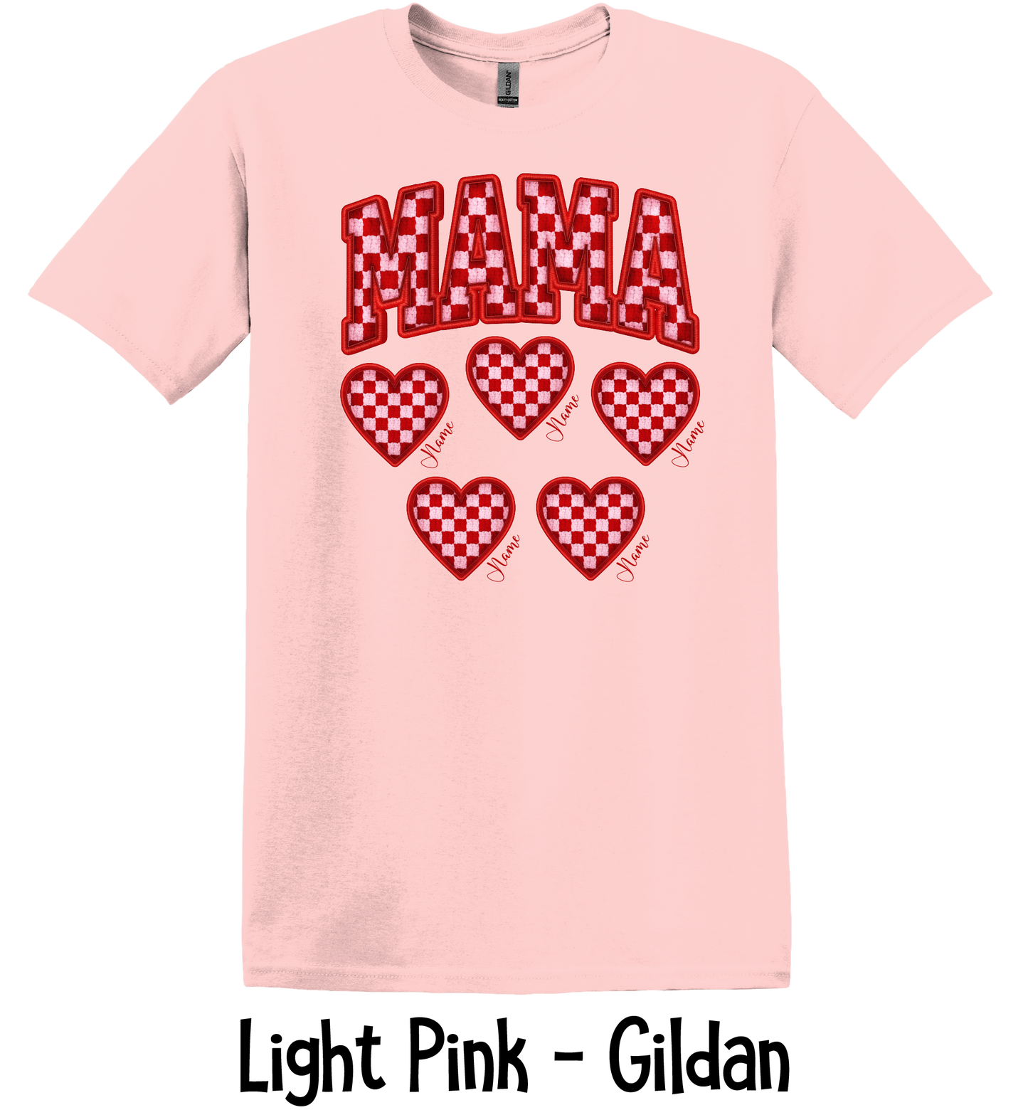 Checkered Mama with Hearts - Up to 6 Names - Light Pink Color