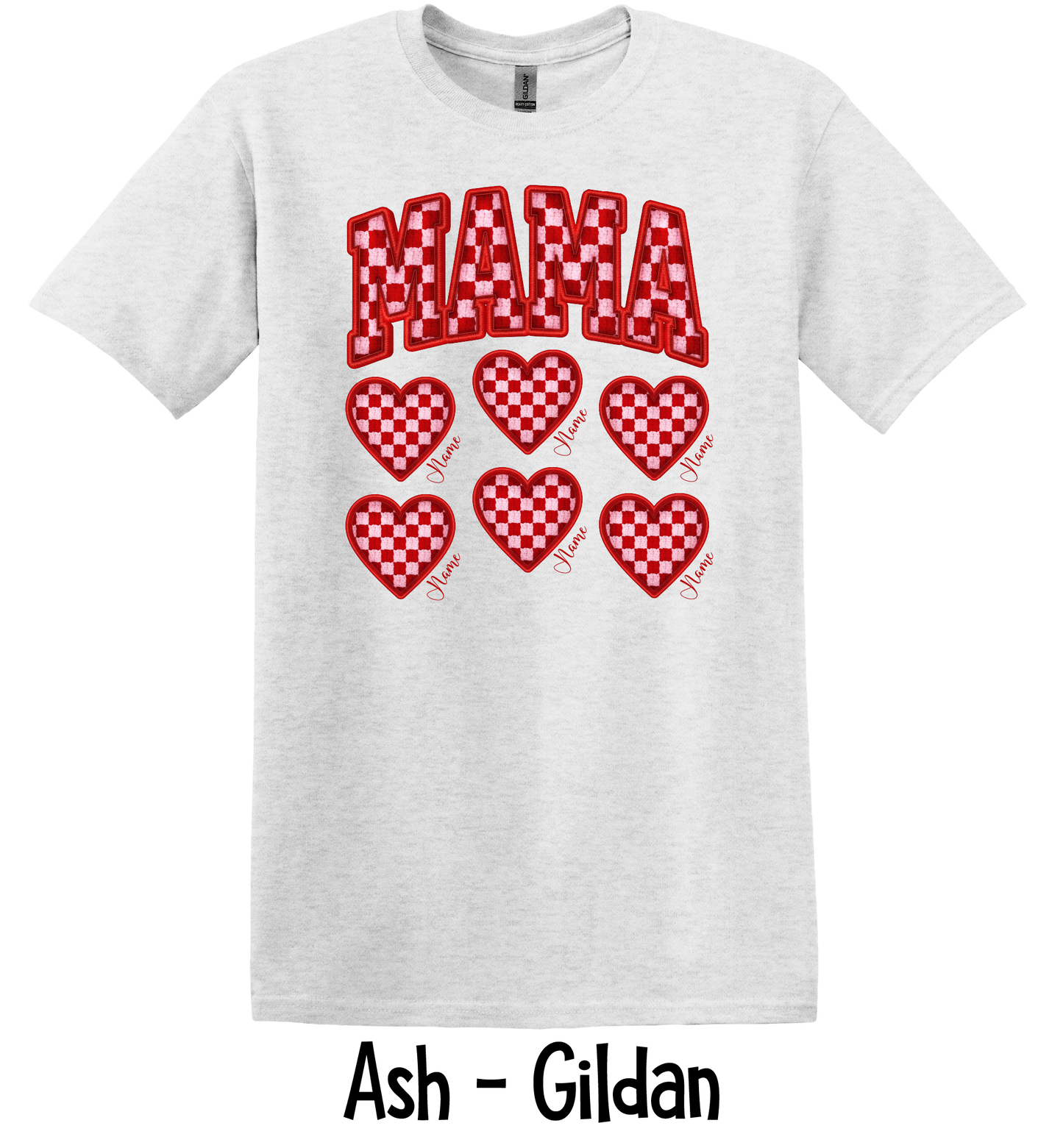 Checkered Mama with Hearts - Up to 6 Names - Ash Color