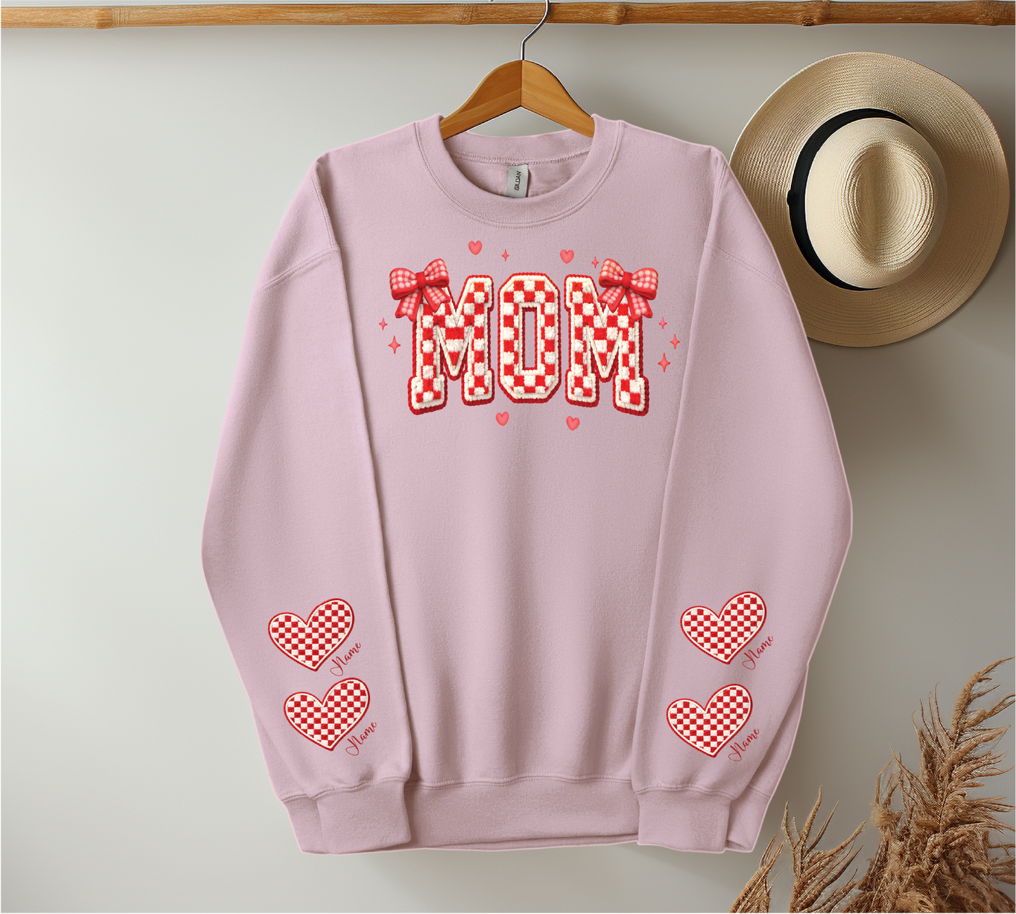 Checkered Red & White Title - Up to 6 Names - Light Pink Color